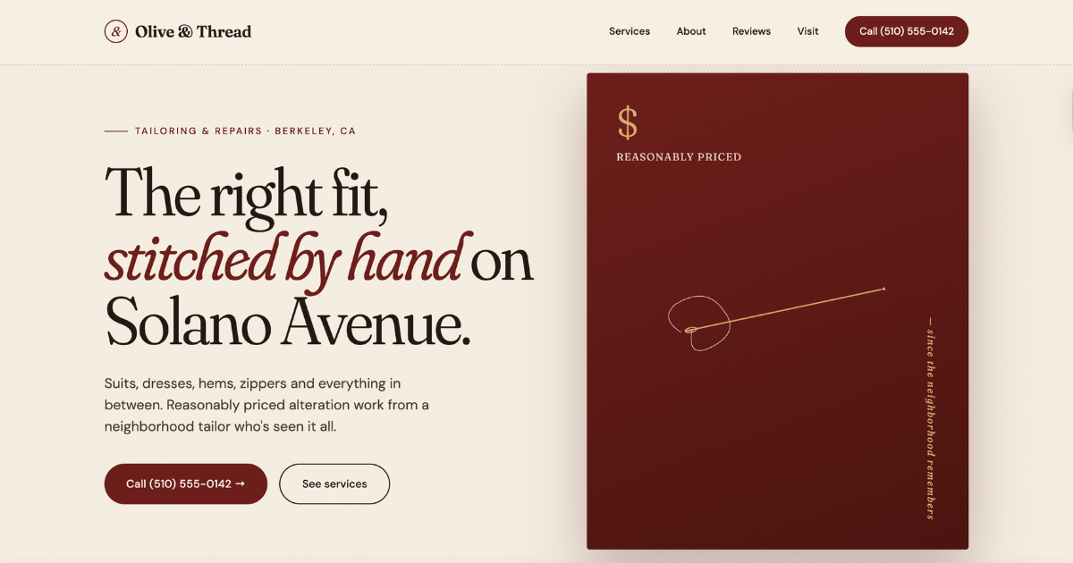 Custom tailoring and alterations business website built by Grotto